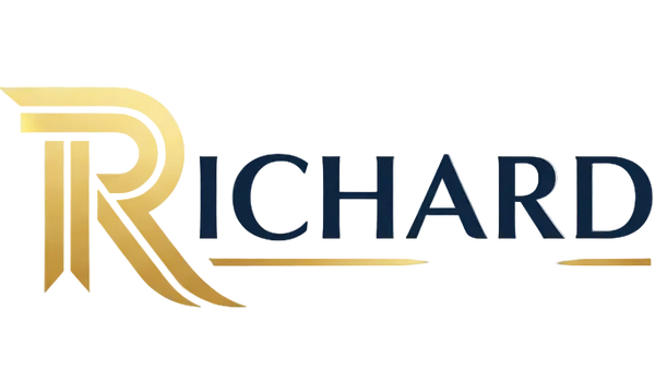 A stylized logo featuring a gold monogram 'R' and the word 'RICHARD' in dark navy blue, cantered on a transparent background.
